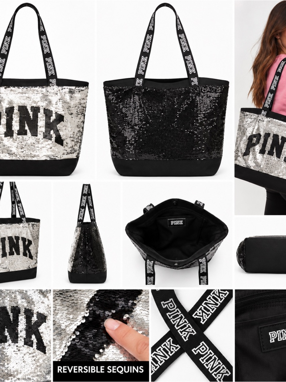 PINK Victoria's Secret Reversible Sequin Tote in Black and Silver